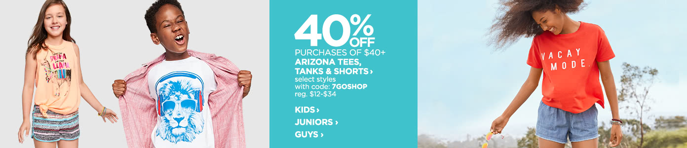 40% off Purchases of $40+ Arizona Tees, Tanks & Shorts