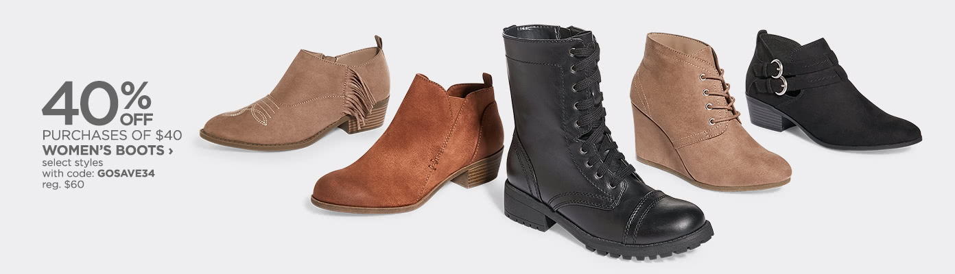 40% off purchases of $40+ Women's Boots, select styles with code: GOSAVE34, reg. $60