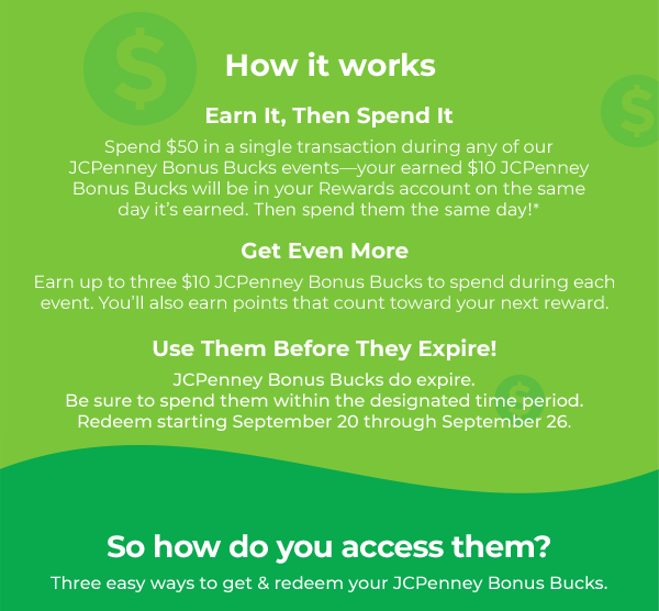 How it works. Everything you need to know about JCPenney Bonus Bucks. Earn It, Then Spend It. Spend $50 in a single transaction during any of our JCPenney Bonus Bucks events and your earned $10 JCPenney Bonus Bucks will be in your Rewards account on the same day it's earned. Then spend them the same day!* Get Even More. Get up to three $10 JCPenny Bonus Bucks to spend during each event. They can be earned with any method of payment. You'll also earn points that count toward your next reward. Use Them Before They Expire! JCPenney Bonus Bucks do expire. Be sure to spend them within the designated time period. Redeem starting September 20 through 26.
